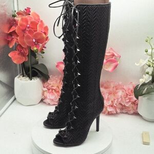 Schutz Woven Black Long Laceup open toe Boots Sz 6B
